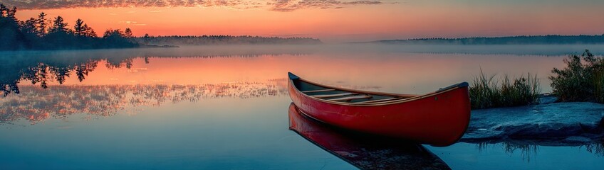 Fototapeta premium Canoe on a calm lake at sunrise with orange and blue hues and reflections