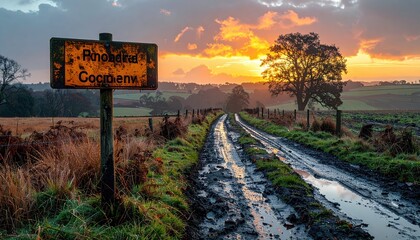 Sunset Over Rural Pathway with Signpost and Muddy Road