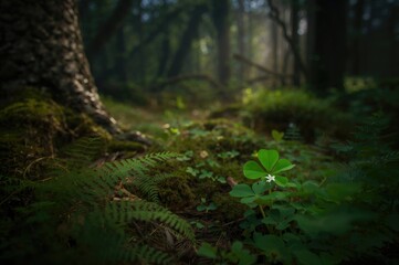 Obraz premium Clover patch amidst shadowy woodland, backdrop