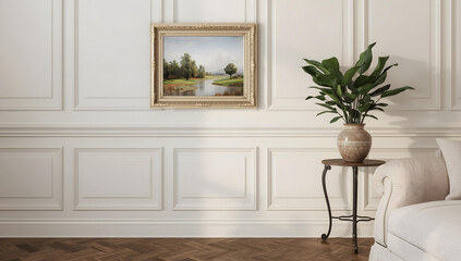 Fototapeta premium Elegant Living Room Wall with Framed Landscape Painting and Potted Plant