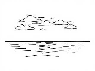 Abstract line drawing of clouds over wavy ocean water  