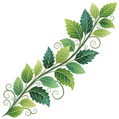 Leafy Branch A green branch with stylized leaves and delicate swirling tendrils on white