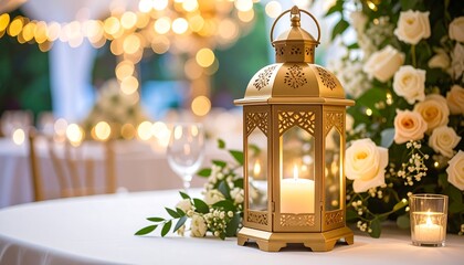 Gold lantern centerpiece with flowers and candles