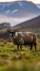 Obraz premium Majestic Sheep Grazing in Serene Mountain Landscape at Sunset