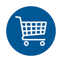 Simple white shopping cart icon on a blue circle background