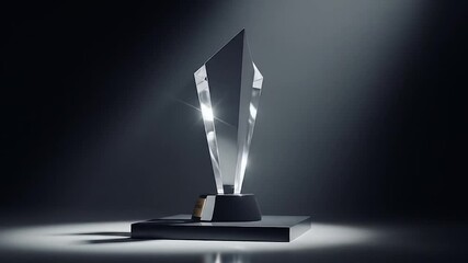 Achievement trophy award sculpture on dark stage platform