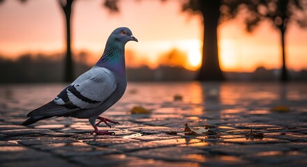 Pigeon walking on wet cobblestones at sunset, with warm light reflecting on the ground and silhouetted trees in the background.