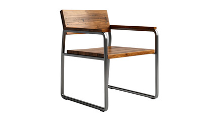 Modern armchair constructed from polished metal and warm-toned wooden panels, creating a balanced juxtaposition of materials.