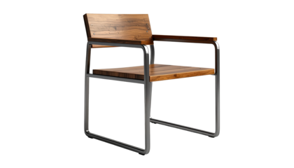 Modern armchair constructed from polished metal and warm-toned wooden panels, creating a balanced juxtaposition of materials.