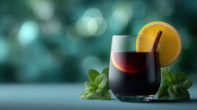 Mint leaves and orange slice in seasonal drink menu create refreshing mood with cinnamon stick in glass on blue background