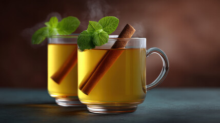 Mint in seasonal drink menu with cinnamon stick and fresh herb garnish in clear glass cup, warm and inviting atmosphere