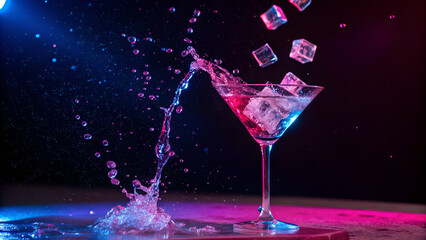 Vibrant cocktail splash with ice cubes creates a dynamic and refreshing party mood for nightlife advertising and upscale bar promotions