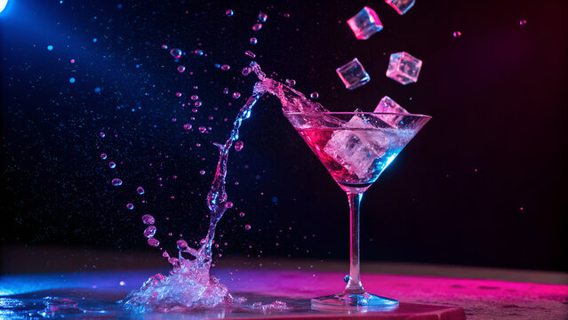 Vibrant cocktail splash with ice cubes creates a dynamic and refreshing party mood for nightlife advertising and upscale bar promotions