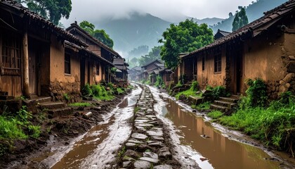 Serene Rural Village Scene Amidst Fog and Muddy Pathways