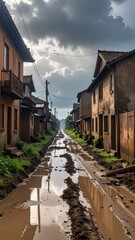 Muddy Road Amidst Abandoned Houses Under Overcast Sky