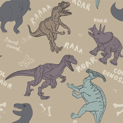 Dino Seamless Pattern, Cute Cartoon Dinosaurs Doodles Illustration