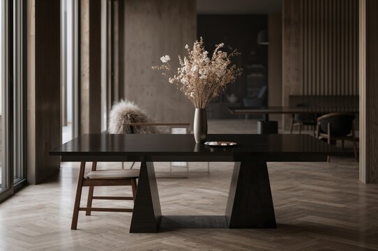 Vintage-style room featuring a dark wood dining table, wooden chair, and dried flowers
