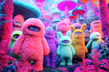 A group of fluffy fantasy monsters with vibrant colors stands together in a whimsical forest. Glowing mushrooms light up the surroundings, creating an enchanting atmosphere at dusk