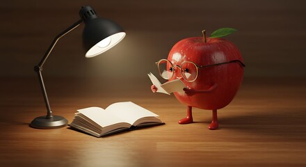 An anthropomorphic apple wearing glasses reads a book under the light of a desk lamp.