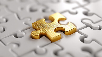 Fototapeta premium One golden puzzle piece fitting among white pieces, concept of solution and leadership.