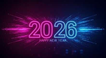 Vibrant neon light sign displaying the number 2026 with pink and blue colors and dynamic light streaks against a dark blue background for New Year celebrations.