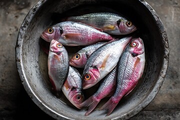 An overhead view of fresh fish arranged in a metal bowl, ready for preparation or cooking, with natural lighting enhancing the scene.