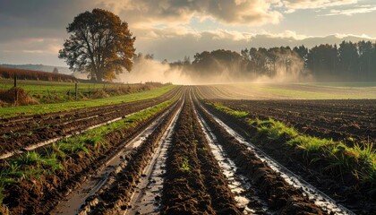 Serene Rural Landscape at Sunset with Plowed Fields and Mist