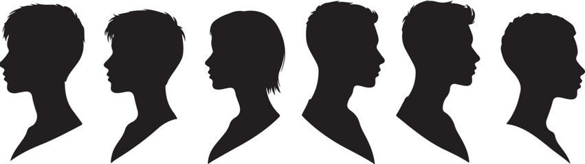 PrintSilhouette profile heads of diverse individuals, black vector icons, minimal design, identity concept, diversity, sociology, psychology, infographic use