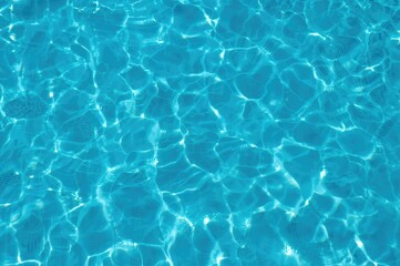 Obraz premium Aerial perspective of a swimming pool featuring sunlight glistening on rippling blue water, shadows cast on the ground, and a summer-themed backdrop ideal for showcasing cosmetics, beauty, and spa