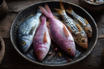 An overhead view of fresh fish arranged in a metal bowl, ready for preparation or cooking, with natural lighting enhancing the scene.