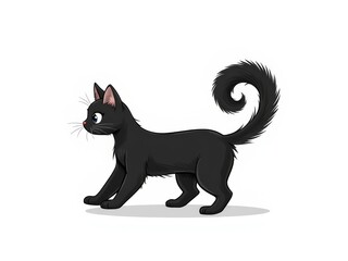Cartoon black cat walking with a curly tail on white background  