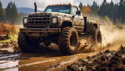 Fototapeta premium Powerful Mud Truck Splashes Through Wet Terrain in Off-Road Adventure