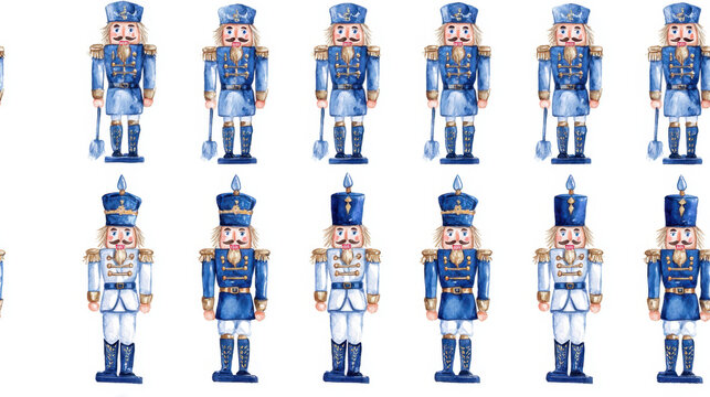 Seamless pattern with watercolor nutcracker soldiers in blue and white uniforms creating festive holiday decoration