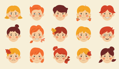 Vector design of autumn-themed facial expressions in a simple flat design style, featuring vibrant autumn colors
