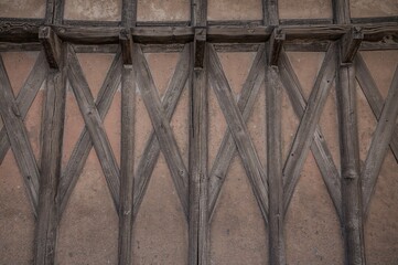Close-up of a vintage timber-framed farmhouse wall