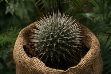 Close-up view of a juvenile spiky palm wrapped in a coarse fabric bag, showcasing the contrast between its sharp spikes and the rugged material, emphasizing natural development in an outdoor