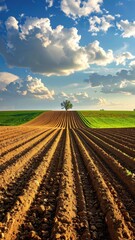 Obraz premium Serene Agricultural Landscape with Plowed Fields and Dramatic Clouds