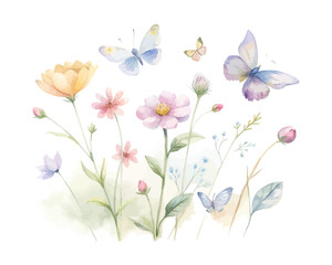 Watercolor Wildflowers with Butterflies vector Illustration 