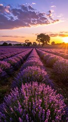 Naklejka premium Beautiful Lavender Fields at Sunset with Dramatic Sky and Clouds