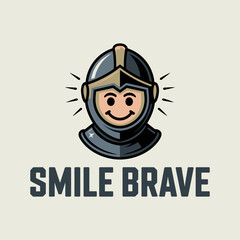 Happy knight mascot smiling with brave message emblem featuring a cartoon helmet and friendly face for courage and positivity themes vector