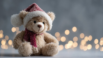 teddy bear in santa hat and scarf on light surface with warm bokeh lights in cozy festive christmas composition