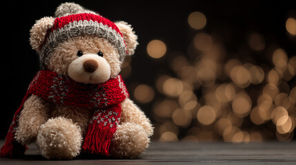 plush teddy bear in red knit hat and scarf on dark surface with warm bokeh lights in cozy festive winter composition