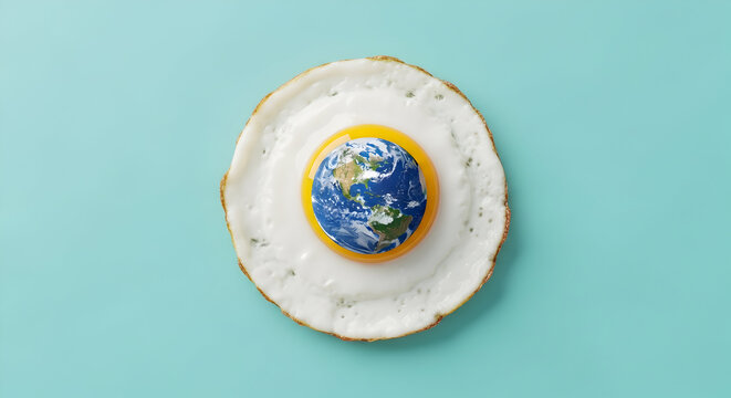 Stunning conceptual art fuses a perfectly fried egg with planet Earth, symbolizing global nourishment, creation, or a fresh start for the world.