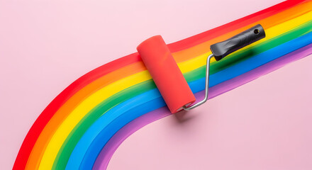 Vibrant rainbow arc expertly painted with roller tool against a soft pink backdrop, symbolizing creativity and joy