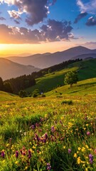 Serene Mountain Landscape with Colorful Wildflowers at Sunset