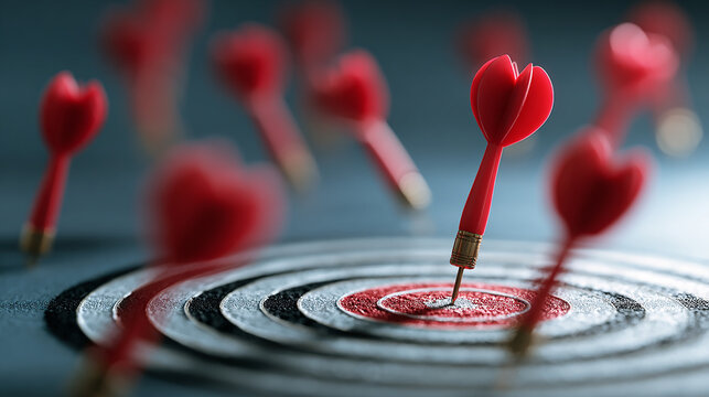Red dart hitting bullseye target surrounded by missed darts, concept of focus and success.