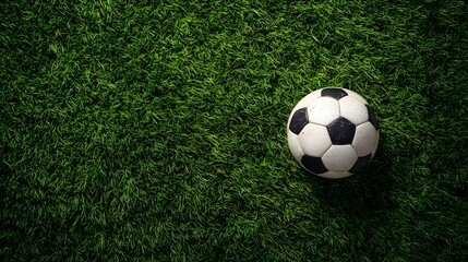 Soccer ball on green grass background with copy space. Top view