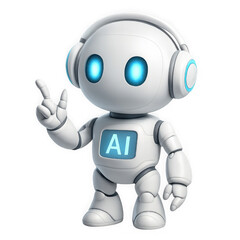 Fototapeta premium Friendly cartoon robot character wearing headphones displaying ai symbol with peace sign isolated on transparent background