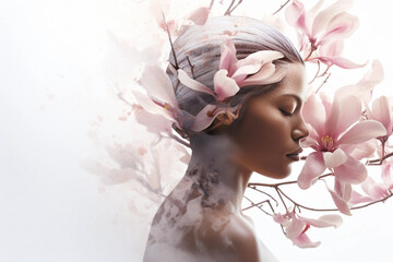 Woman with magnolia flowers. Girl profile with magnolia blossom, double exposure