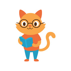 Cute Cartoon Cat Reading a Book with Glasses on White Background